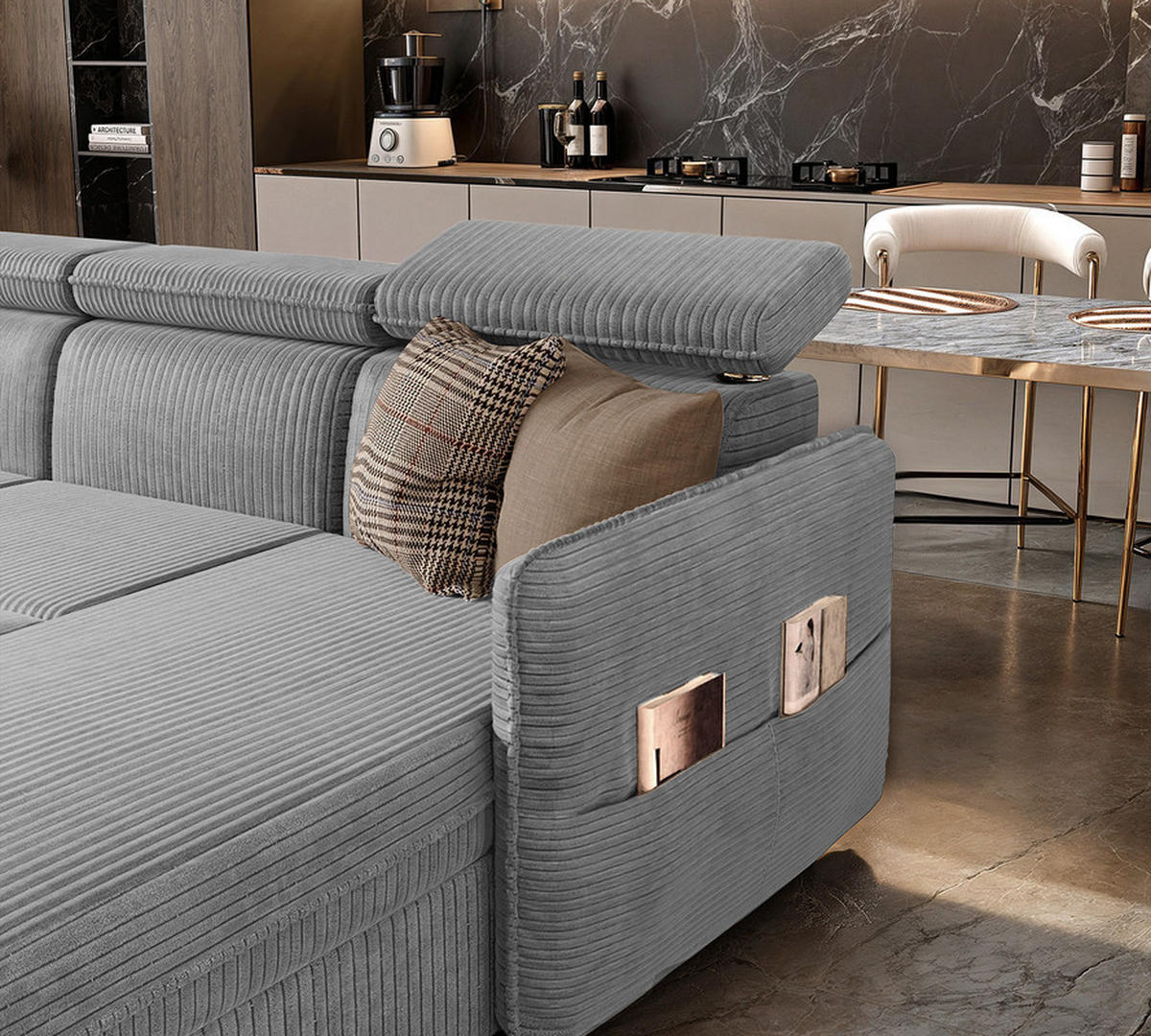 WOHNLANDSCHAFT BENI mit Schlaffunktion und Bettkasten Hellgrau - Hellgrau/Schwarz, Kunststoff/Textil (286/60/166cm) - Idohome