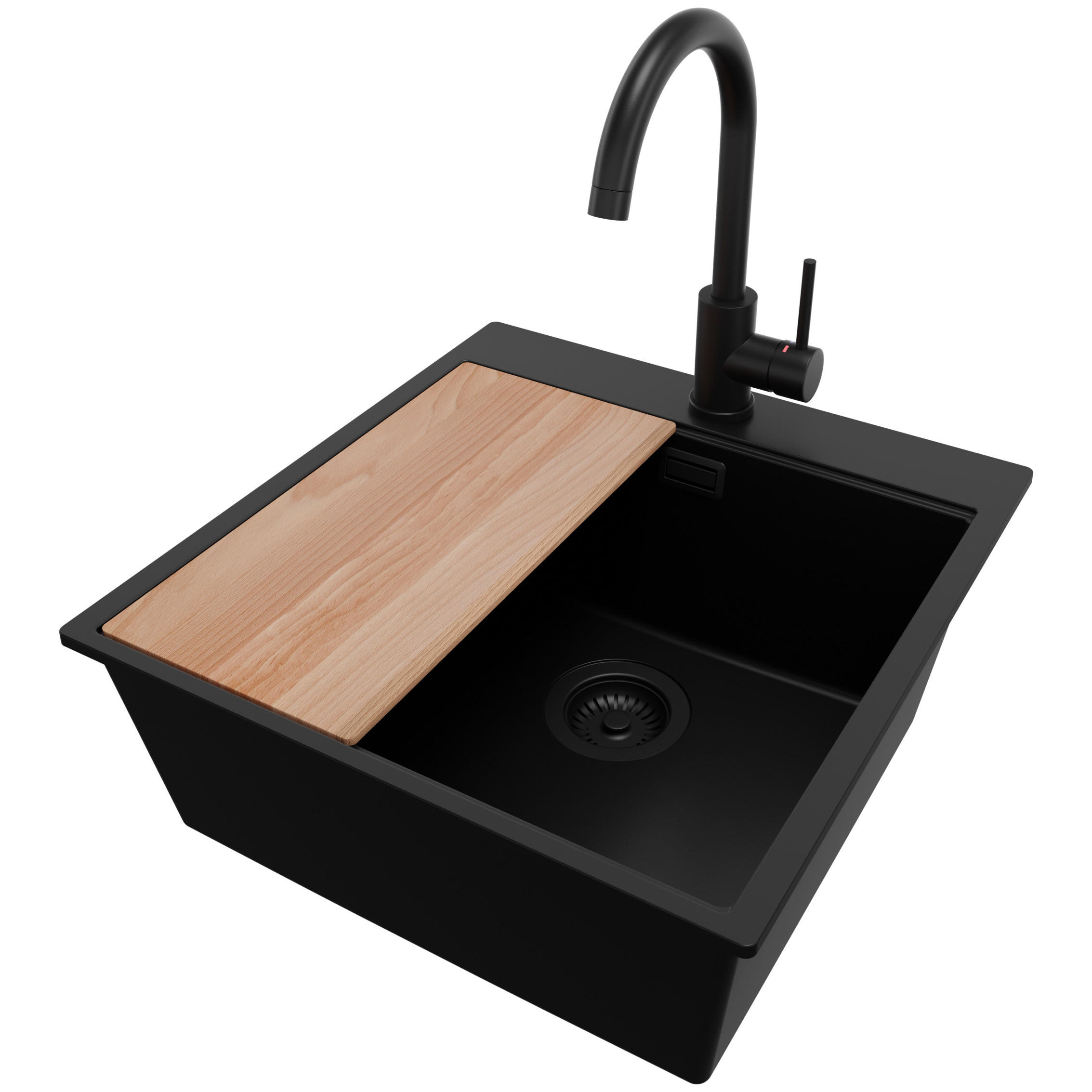 GRANITSPÜLE Oslo, 2-er set Alles Schwarz 48/50 cm 1 Becken + Küchenarmatur 32/20 cm + Ablauf-Set + Schneidebrett ab 50er Unterschrank - Beige/Schwarz, Kunststoff (48/20/50cm) - Primagran