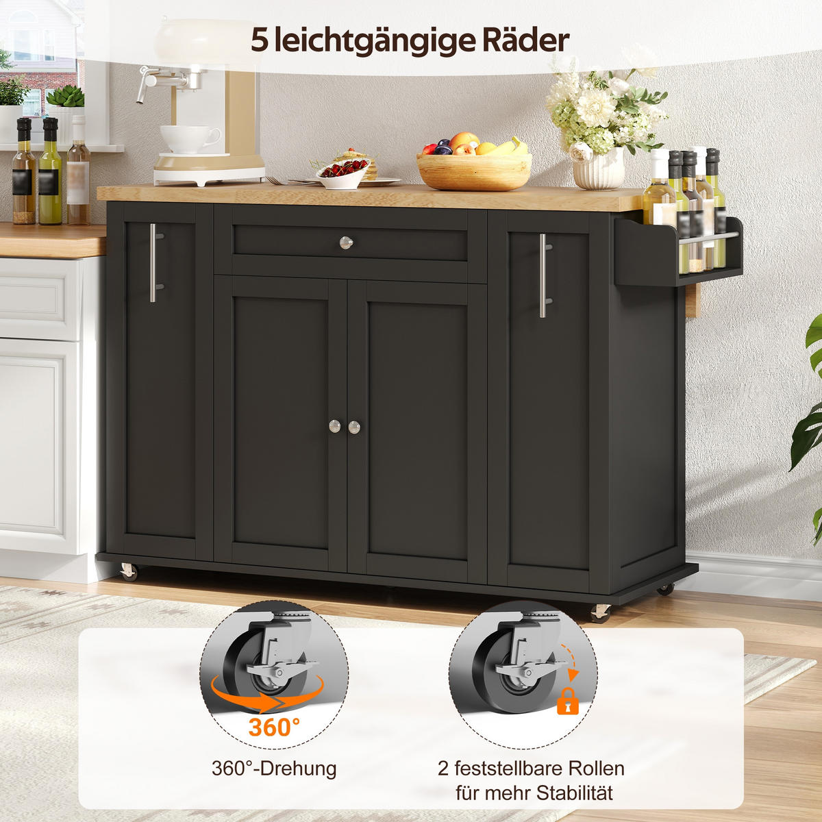 KÜCHENINSEL 120/45/83 cm Schwarz mit klappbarer Arbeitsplatte, 3 vertikalen Schubladen und feststellbaren Rollen - Schwarz, Holz (70/87/120cm) - Oxeza