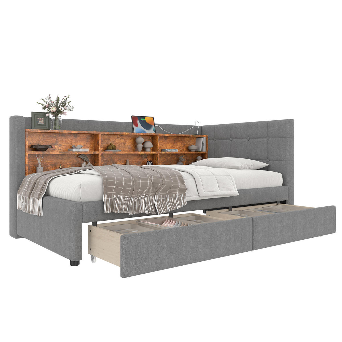 POLSTERBETT 90/200 cm Grau mit 2 Schubladen und USB- und Type-C-Anschlüssen - Grau, Textil (90/200cm) - Flora Grace