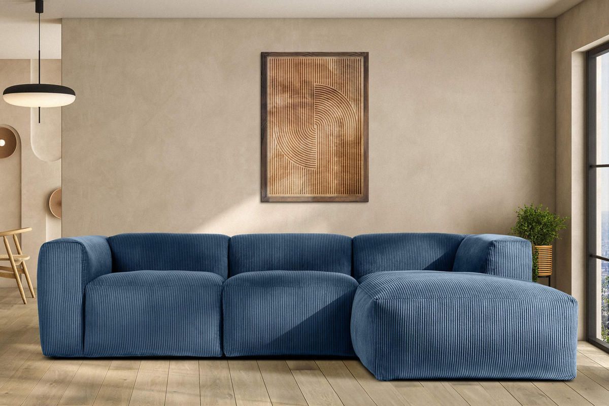ECKMODULSOFA-RECHTS BUFFO mit extrem weicher und bequemer Sitzfläche, Kordstoff, marineblau - Blau/Grün, Textil (297/180cm) - KONSIMO®