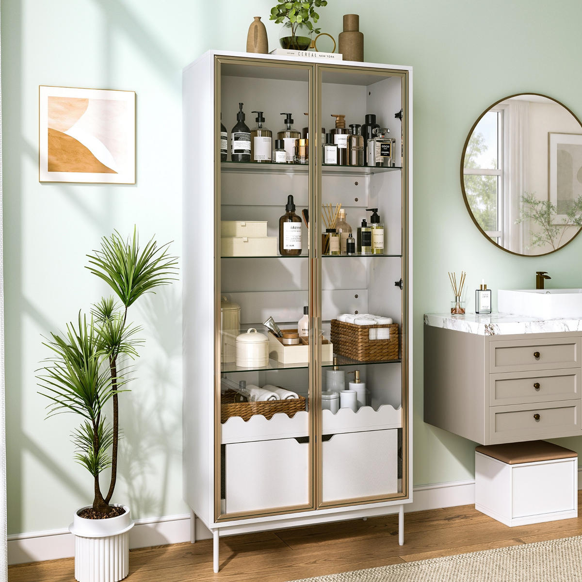 KÜCHENSCHRANK MIT GLASTÜR 75/170,8/35 cm, MDF, Weiß-Gold, HÖHENVERSTELLBARE GLASREGALE, vielseitiger Wohnzimmerschrank - Weiß, Holzwerkstoff (35/170.8/75cm) - Rolipo