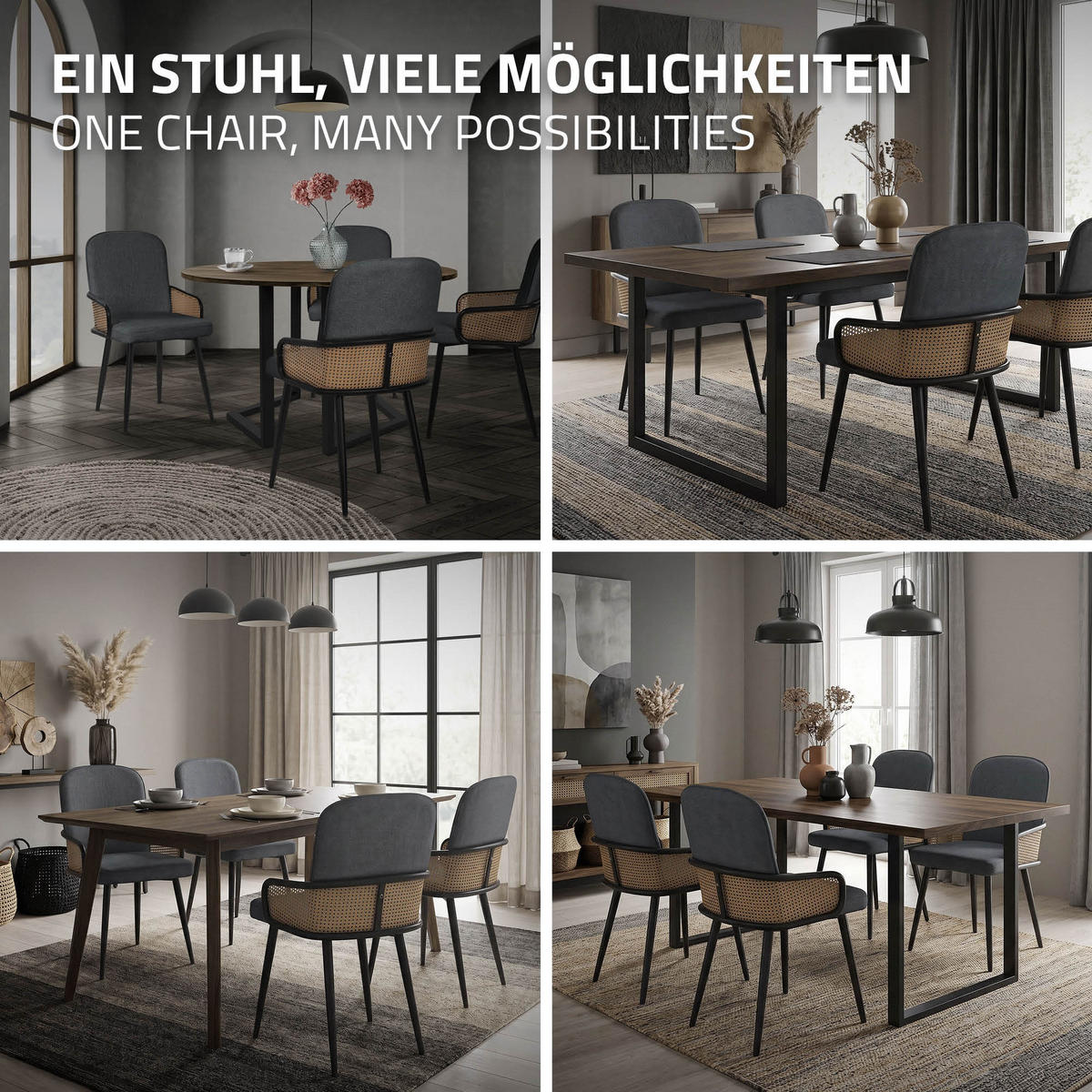 ESSZIMMERSTÜHLE 4er Set Anthrazit mit Stoffbezug Rattan Optik - Anthrazit/Schwarz, Naturmaterialien/Textil (51/91/61cm) - ML-DESIGN