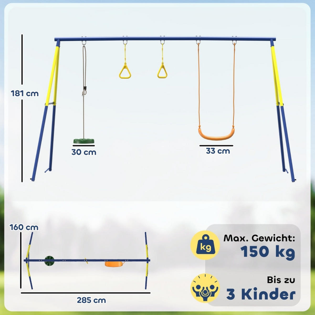 KINDERSCHAUKEL mit klassischer Schaukel 3-in-1, Turnringe, Stehschaukel, 285x160x181cm - Blau, Metall (160/285cm) - Hauptrolle