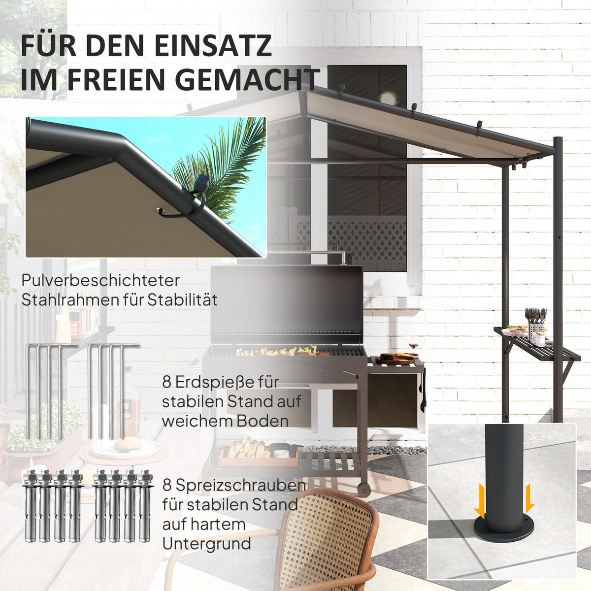 GRILLPAVILLON 277 x 149 x 230 cm, Khaki - Beige, Metall (149/230/277cm) - Outsunny
