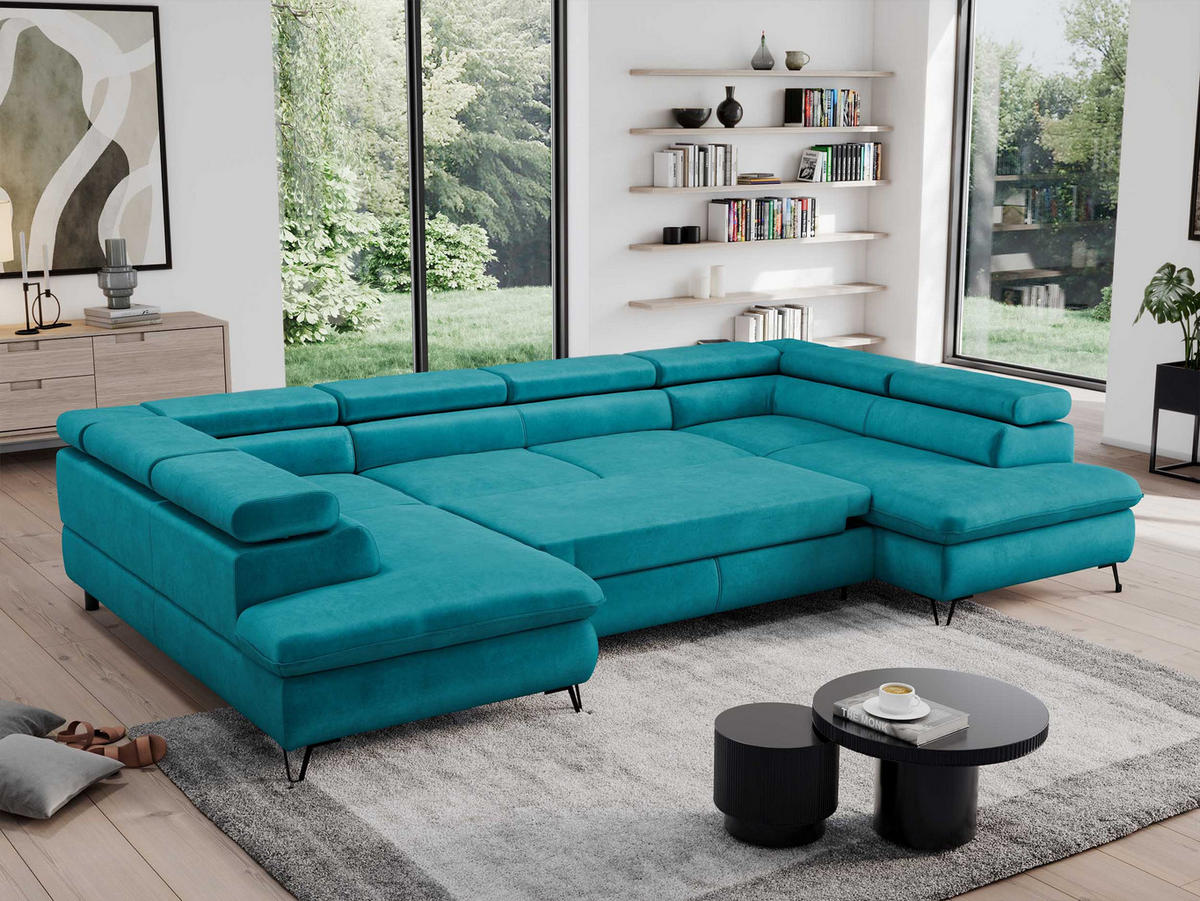 WOHNLANDSCHAFT PEDRO U Samt Dunkelblau - Schwarz/Dunkelblau, Textil/Metall (346/76/208cm) - MKS