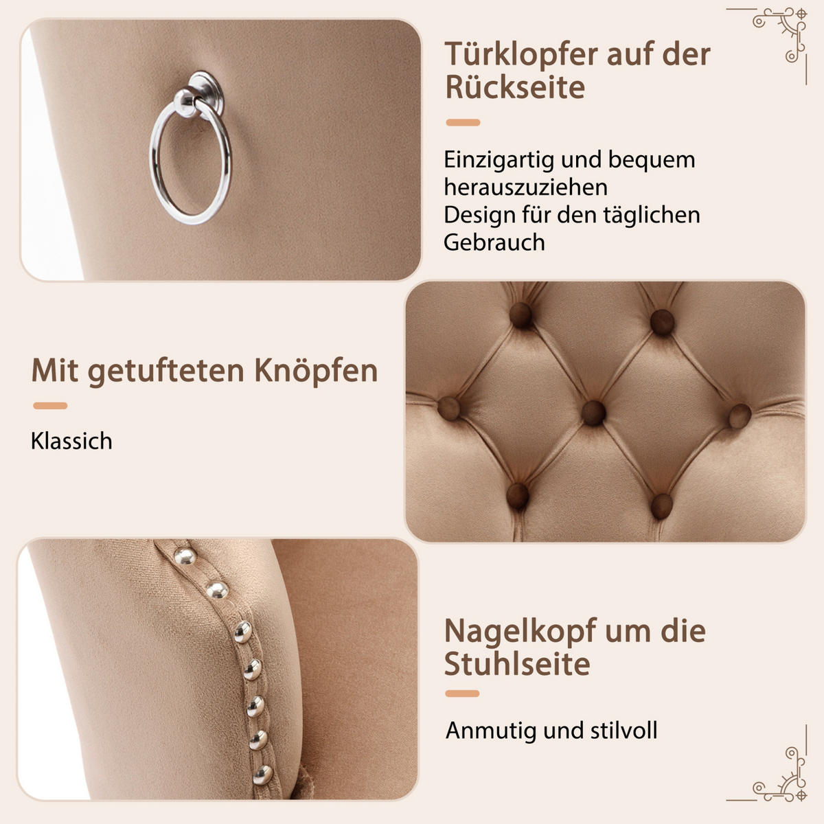 POLSTERSTUHL 2er-Set Samt mit Nagelkopfbesatz und Massivholzbeinen Light Coffee - Braun, Holz (46.5/95/53cm) - Meubliv