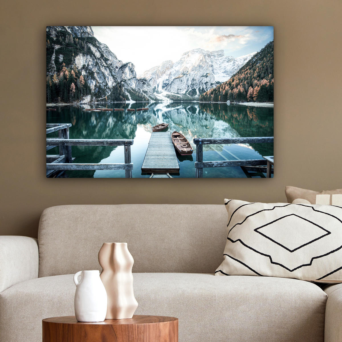 LEINWANDBILD Natur - Berge - Schnee - Wald - Boot Wanddeko 90x60 cm - Hellgrün, Textil (90/60cm) - MuchoWow