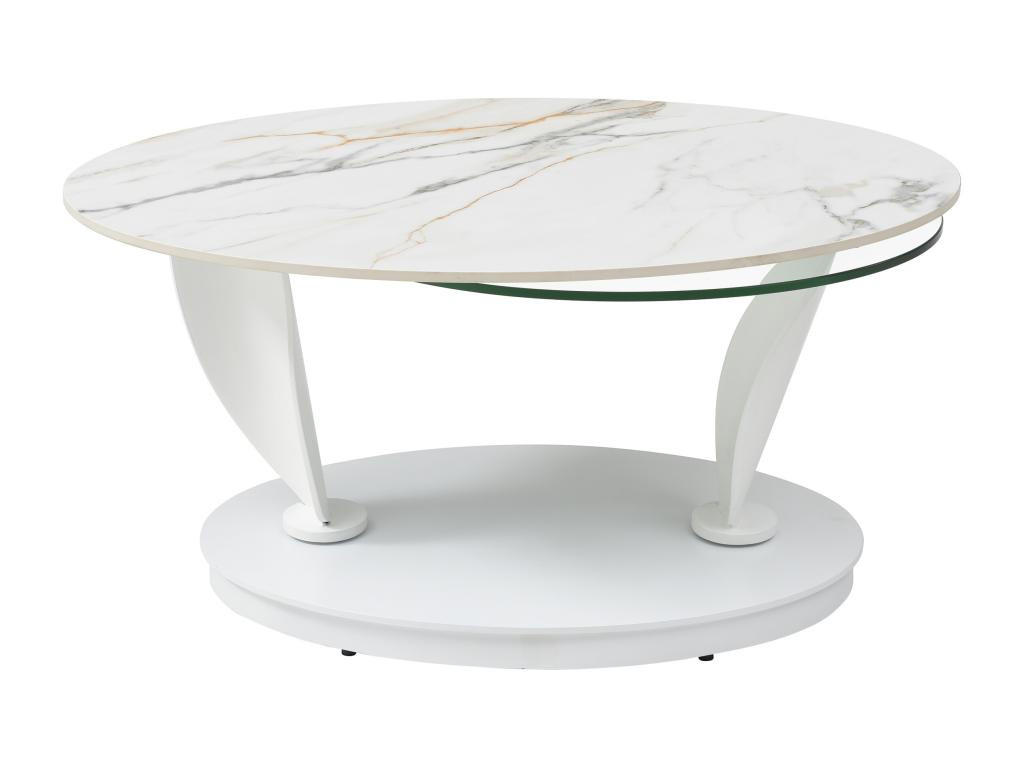 COUCHTISCH mit drehbaren Tischplatten - Keramik, Sicherheitsglas & Metall - Marmor-Optik Weiß - MANEYA - Weiß, Glas (150/60/43cm) - Vente-Unique