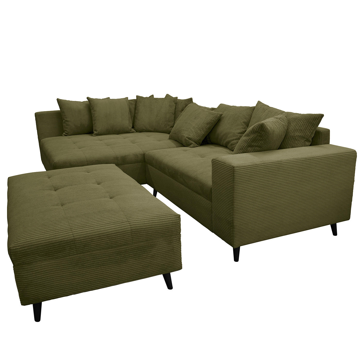 ECKSOFA mit Ottomane und Hocker - Schwarz/Olivgrün, Birkenholz/Textil (247/174cm) - home24
