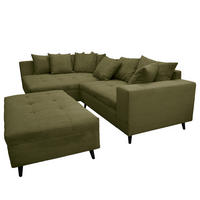 ECKSOFA mit Ottomane und Hocker - Schwarz/Olivgrün, Birkenholz/Textil (247/174cm) - home24