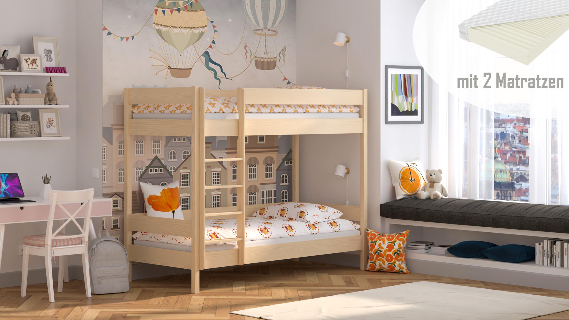 ETAGENBETT Diego 160x80 naturweiß mit Matratzen - Naturfarben, Holzwerkstoff (80/160cm)