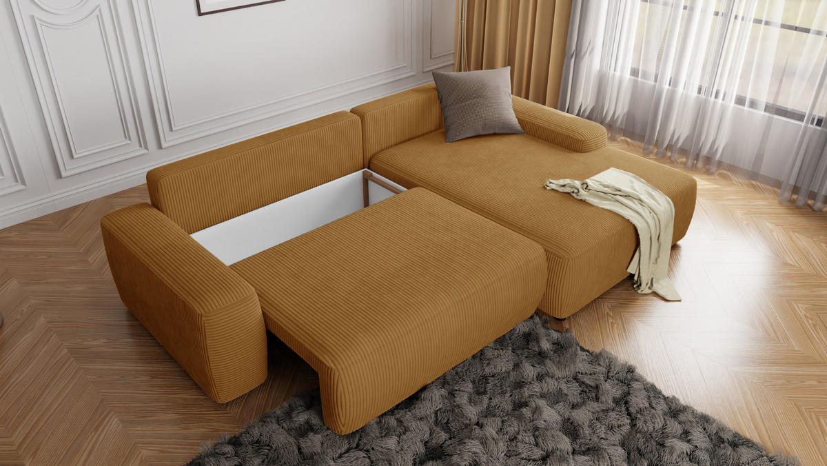 ECKSOFA Nancy Honig Cord - Schwarz/Honig, Holz/Kunststoff (264/162cm) - S-Style Möbel