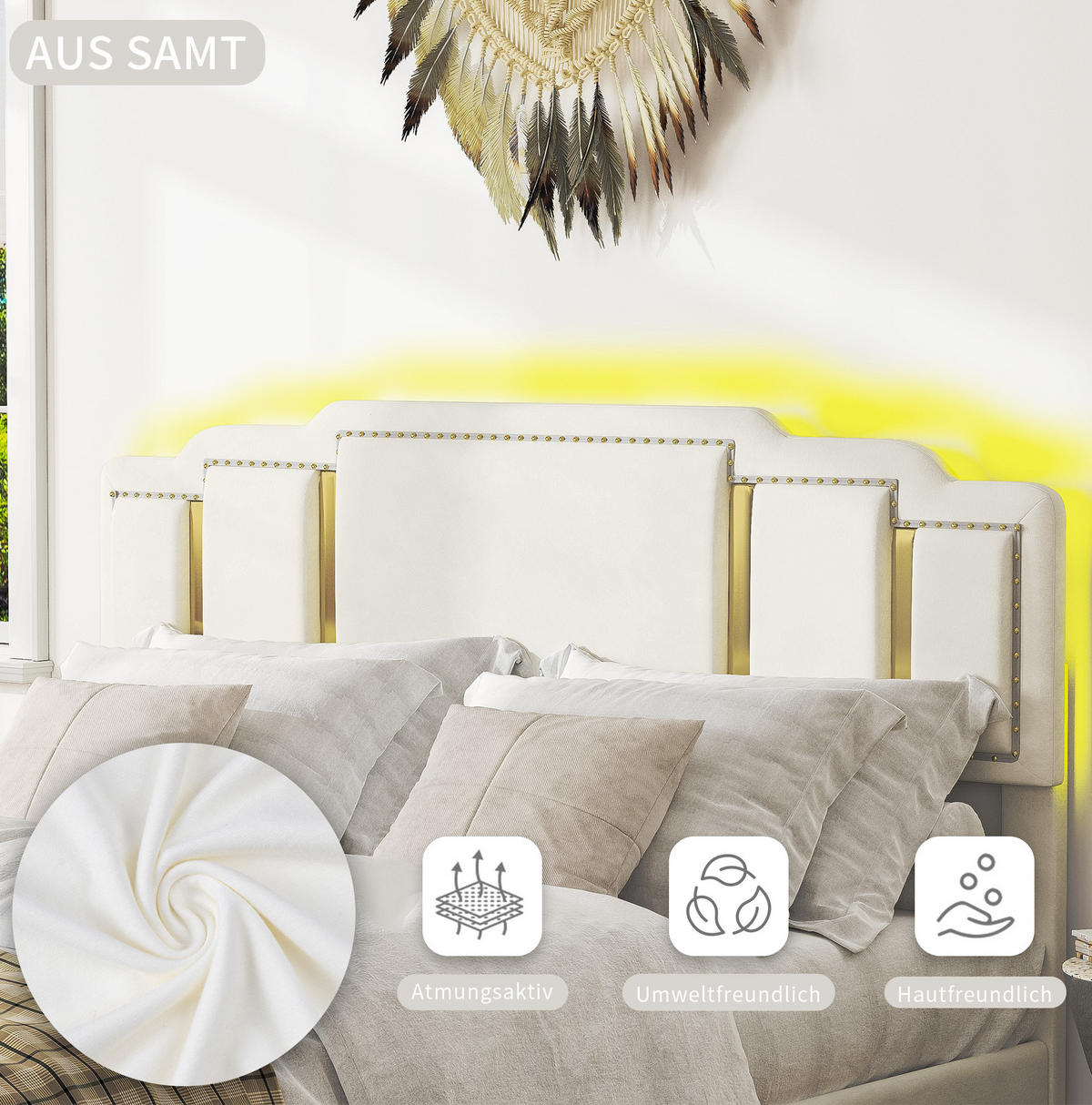 POLSTERBETT 140x200 cm in Beige mit LED-Beleuchtung und 4 Schubladen - Beige, Textil (140/200cm) - IVMEU