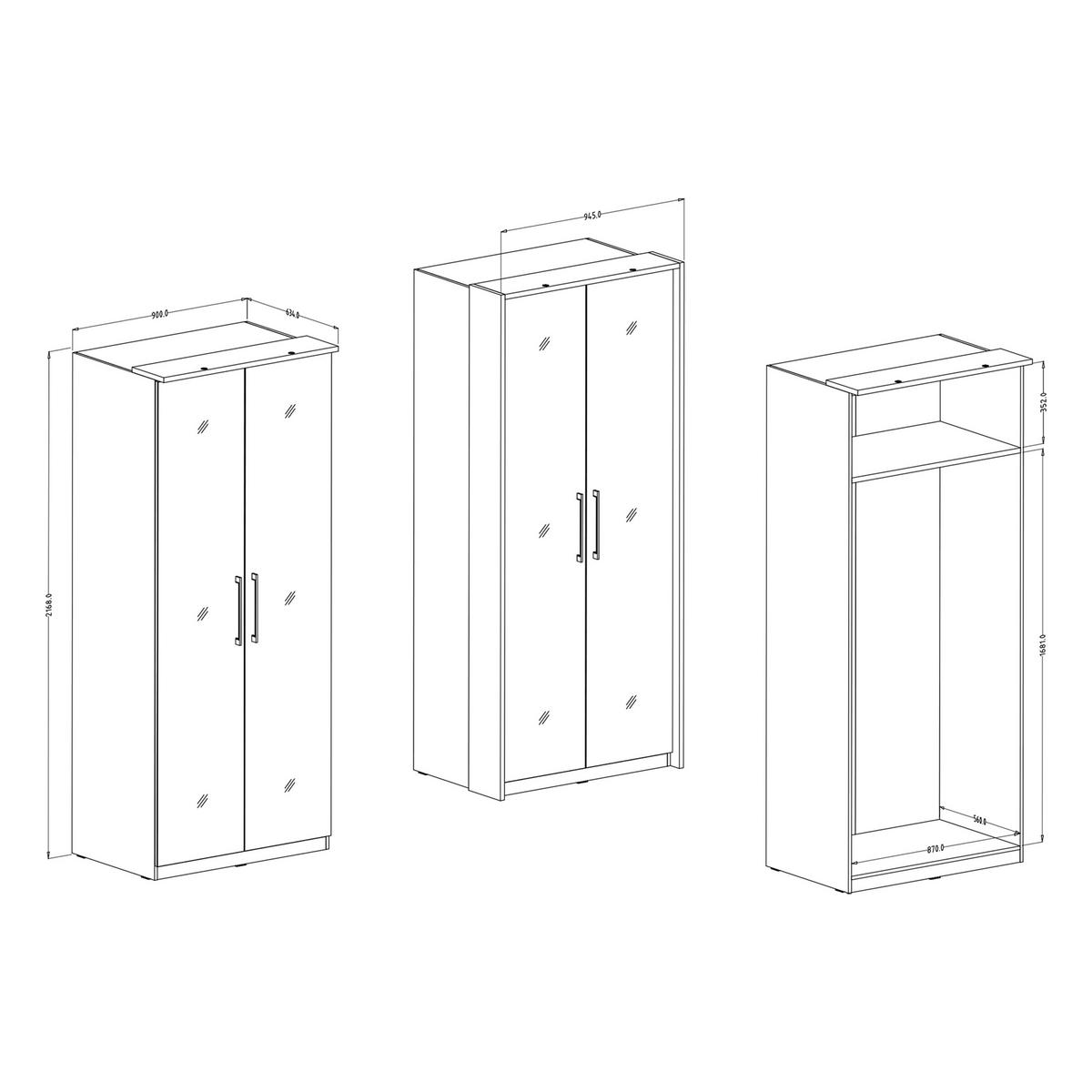 DREHTÜRENSCHRANK OTTIMA 90/217/63 cm 2-türig mit Spiegel Weiß - Weiß, Holzwerkstoff (90/217/63cm) - MASSENO