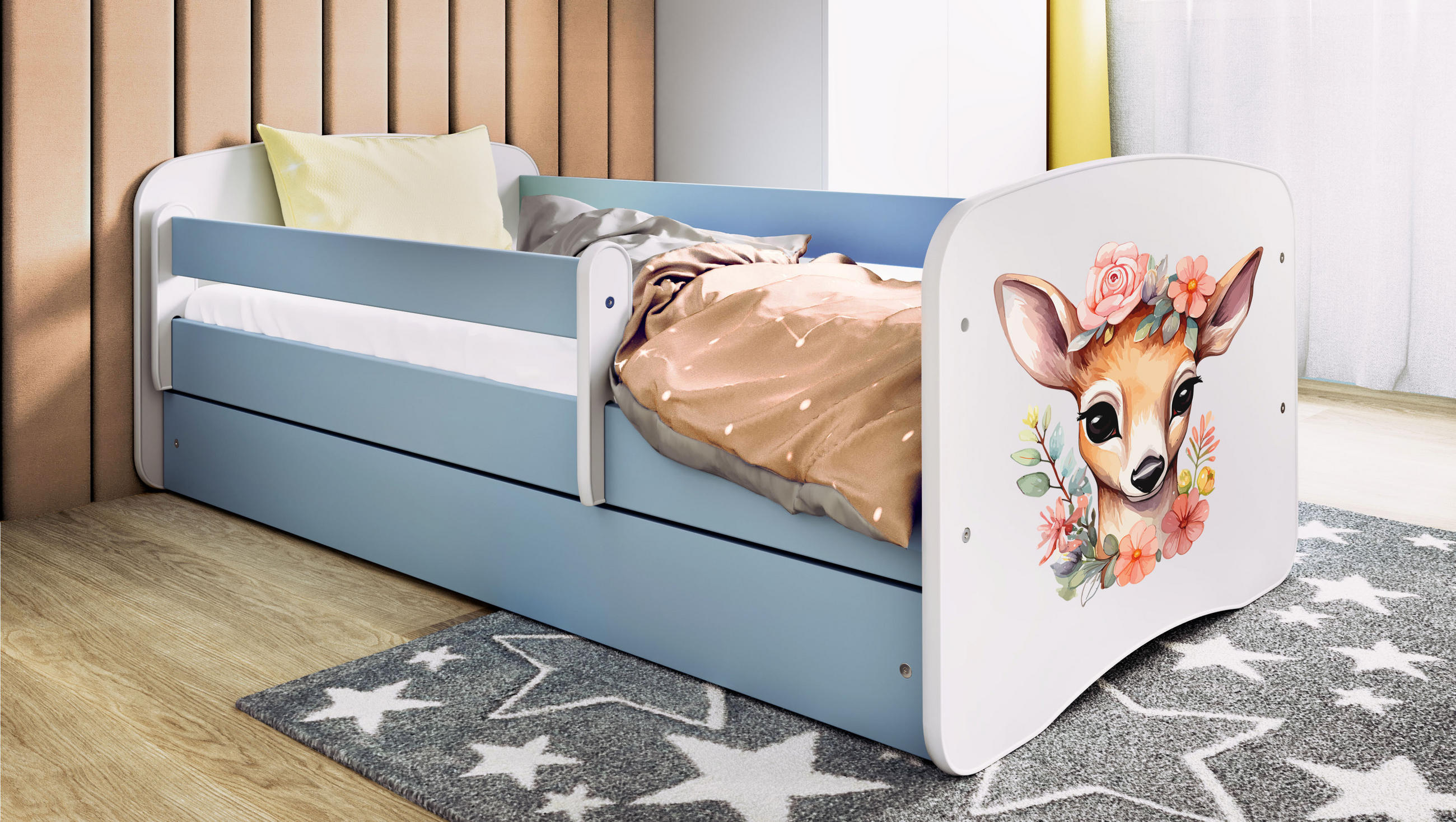KINDERBETT Bambi mit Schublade 140/70 80/61/144 - Blau, Holzwerkstoff (80/140cm) - RAUMHIRSCH FURNITURE
