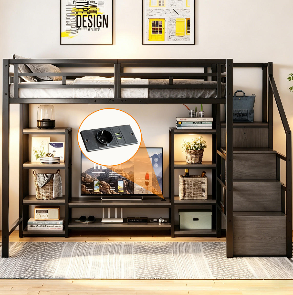 HOCHBETT mit TV-Ständer, Steckdose und Leiter, schwarz, 140/200 cm - Schwarz, Metall (140/200cm) - MIVRAY