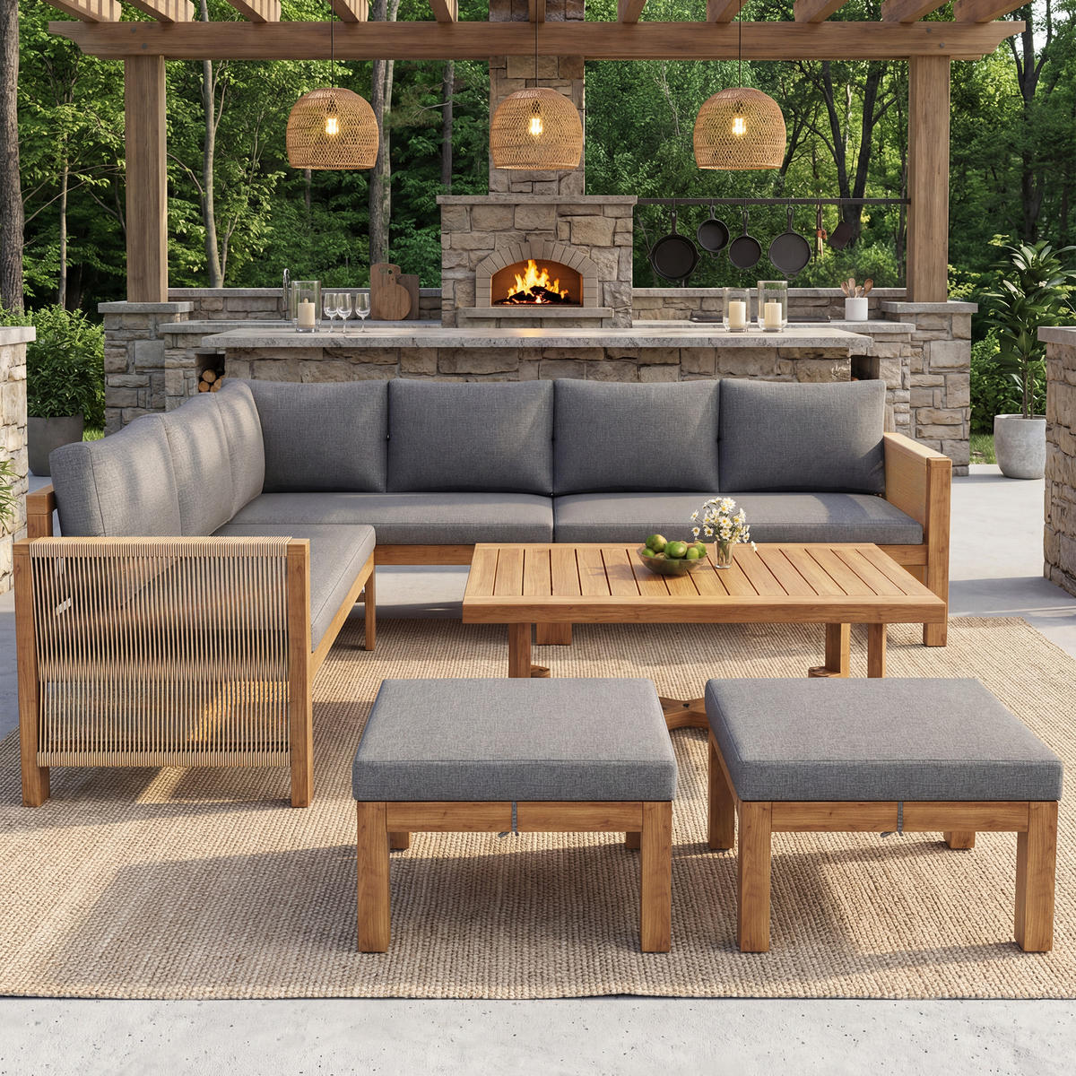 GARTENLOUNGE Akazienholz 6 Sitzer Ecksofa Tisch Hocker Kissen - Grau, Holz - FLIEKS
