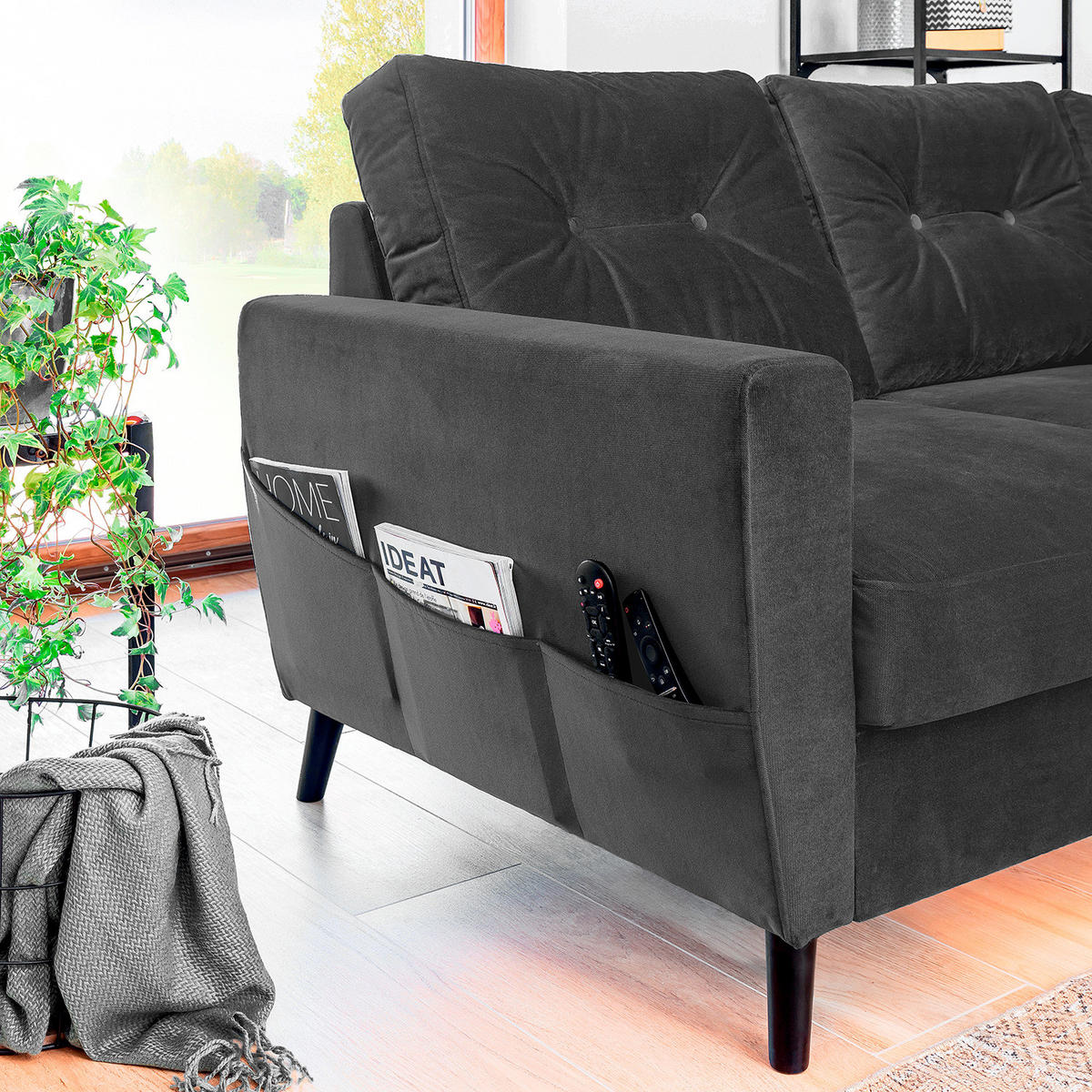 ECKSOFA mit Longchair - Dunkelgrau/Schwarz, Buchenholz/Textil (233/148cm) - home24