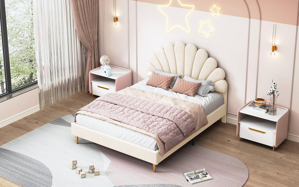 POLSTERBETT 140x200 cm mit Lattenrost floralem Samt-Kopfteil, Beige - Beige, Holz/Metall (140/200cm) - PARAFTA HOME