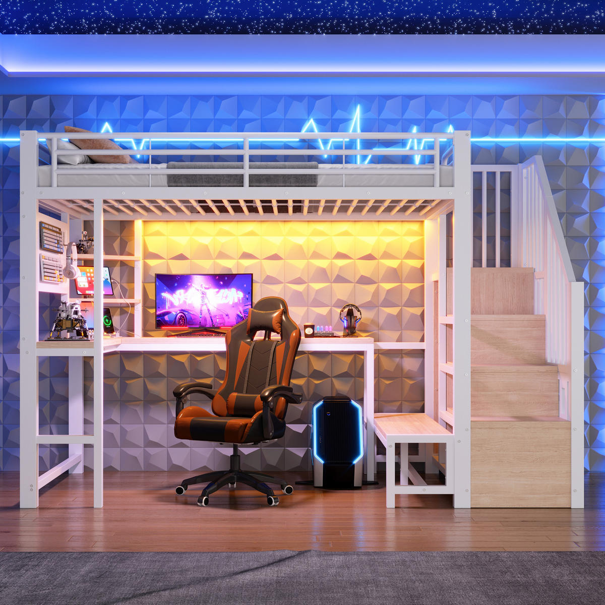 HOCHBETT Metall/MDF 90x200 cm Weiß mit Schreibtisch, Stauraumtreppe, Regalen, Lochwand, LED & USB - Weiß, Holzwerkstoff (90/200cm) - Modfu
