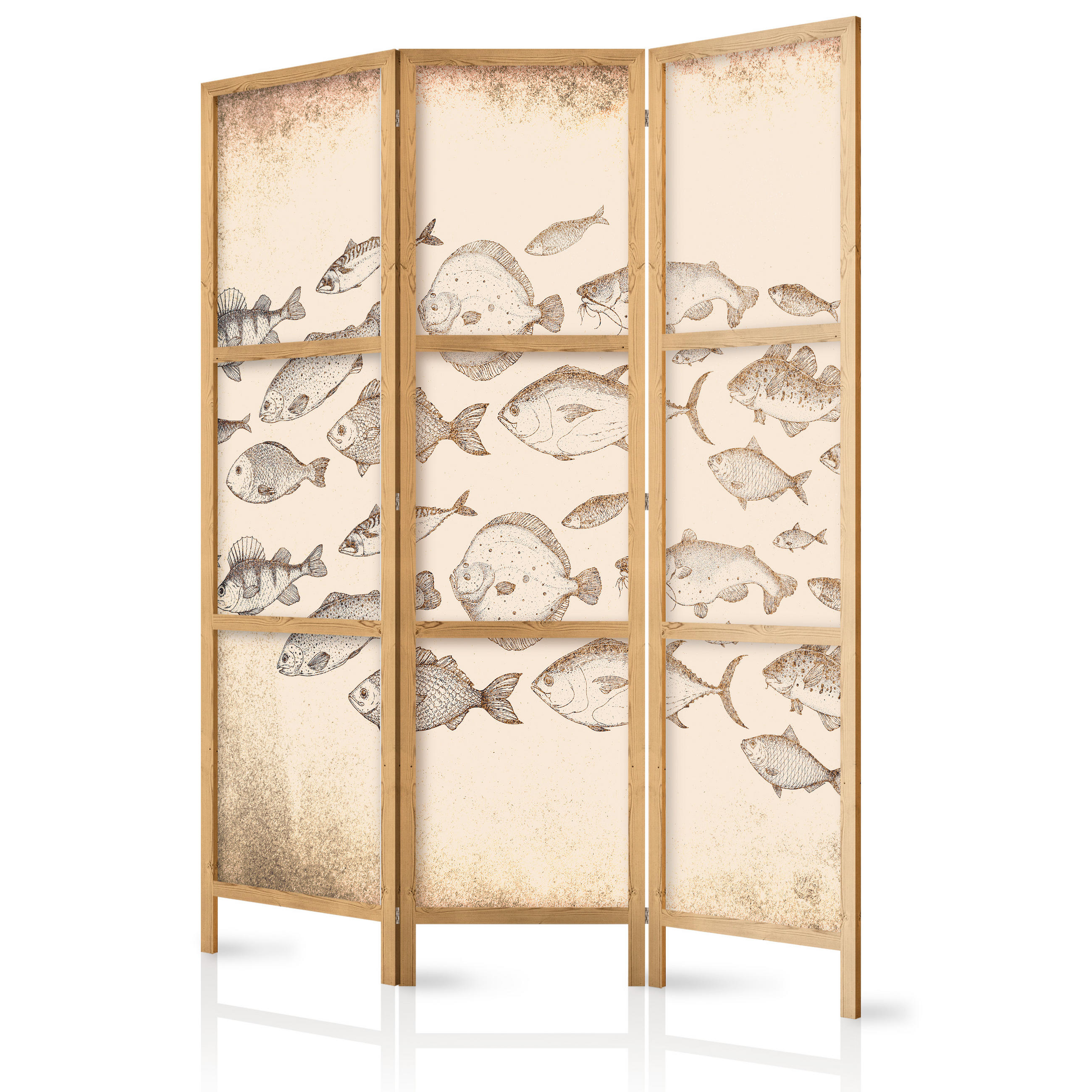 PARAVENT Japanischer 3-tlg 135x172 cm Retro Fische - Beige, Holz/Textil (135/172/3cm) - Muralo