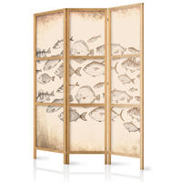 PARAVENT Japanischer 3-tlg 135x172 cm Retro Fische - Beige, Holz/Textil (135/172/3cm) - Muralo