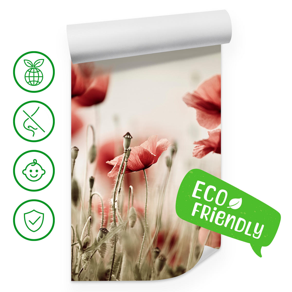 FOTOTAPETE für Wohnzimmer Zarte Mohn Blumen Wiese Rot 250x175 - Beige/Rot, Papier (250/175cm) - Muralo