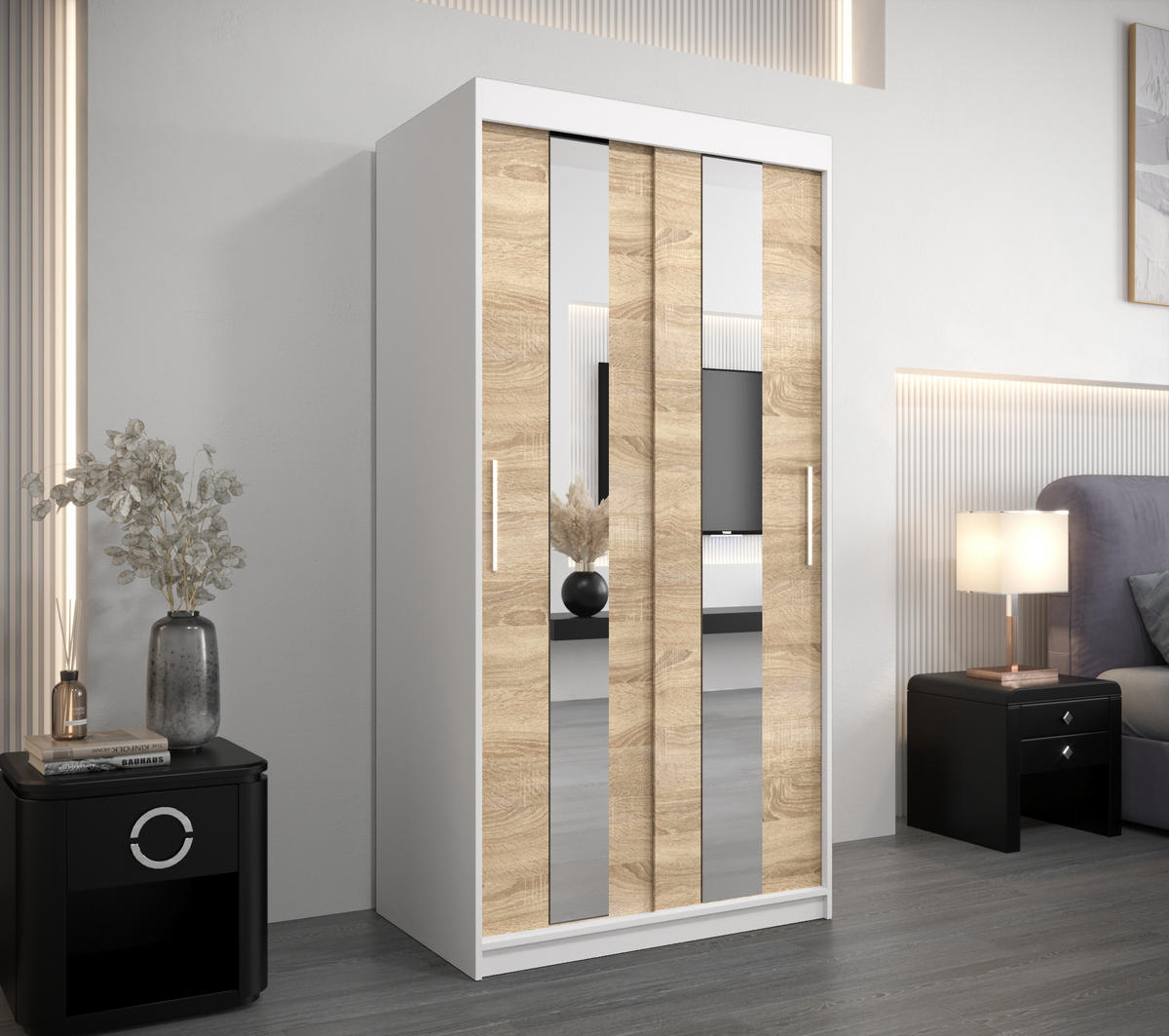 SCHWEBETÜRENSCHRANK 200/100/62 2-türig - Silberfarben/Weiß, Holz/Kunststoff (100/200/62cm) - Abiks Möbel