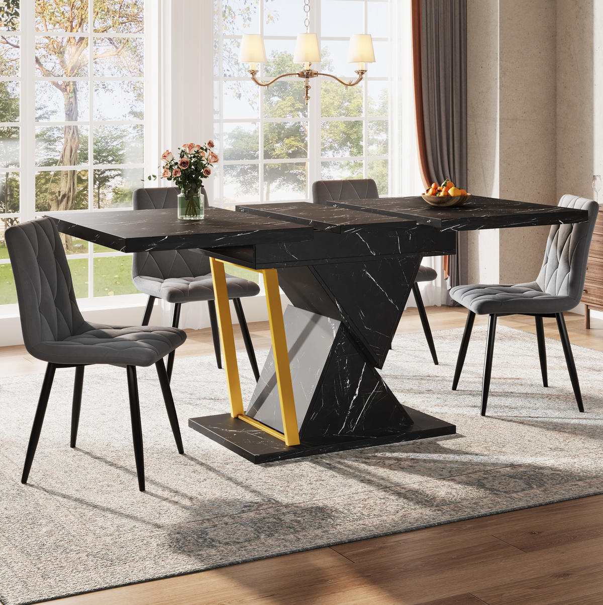 ESSTISCH 110/80/76 cm Schwarz ausziehbar mit Marmoroptik Tischplatte aus MDF - Schwarz, Holzwerkstoff (110/80/76cm) - OKWISH