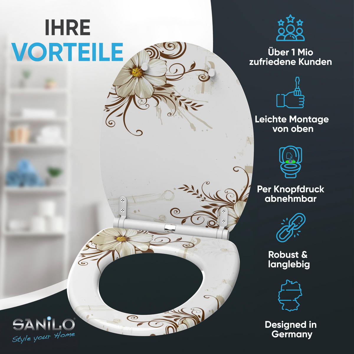 WC-SITZ mit Absenkautomatik & Top Fix Flower - Braun, Holzwerkstoff (37.7/5.5/48cm) - Sanilo