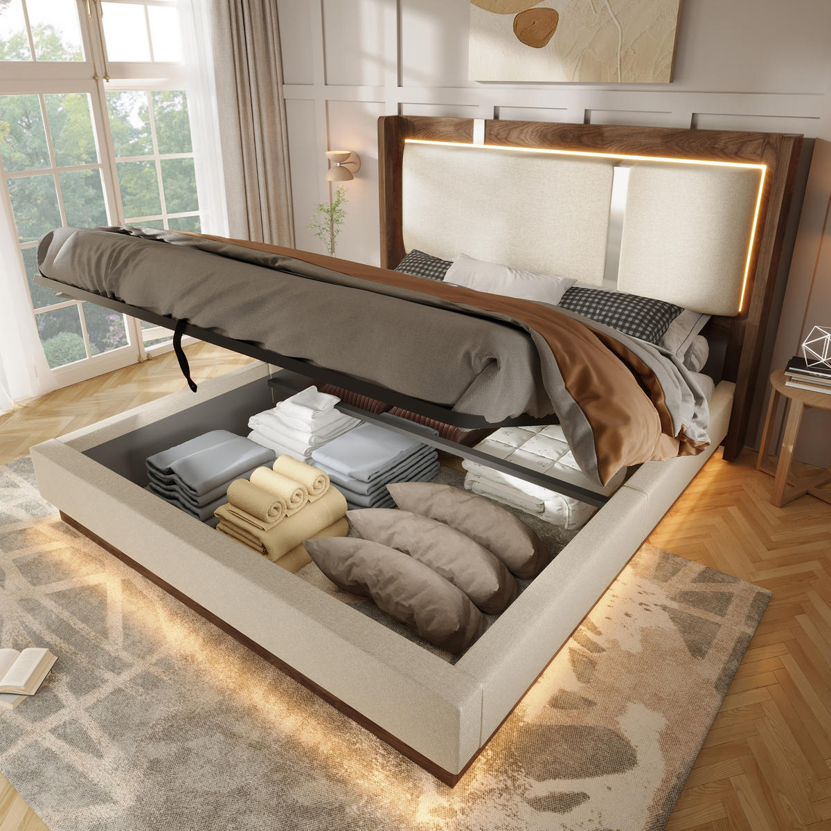 BOXBETT mit Bettkasten & LED, Leinenstoff, hochklappbar mit Lattenrost, 140x200cm, Beige - Beige, Holz/Textil (140/200cm) - LVHOM