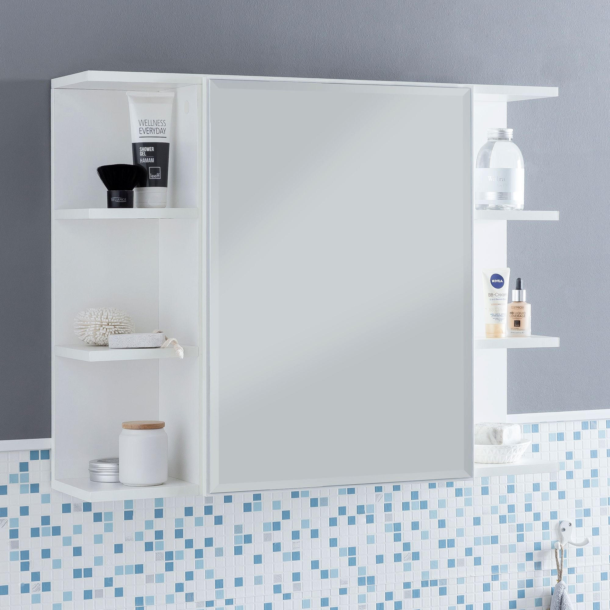 HÄNGESCHRANK Weiß aus Spanplatte mit Spiegel und seitlichen Ablagen 80x64,5x20 cm - Weiß, Holz (80/65/20cm) - KADIMA DESIGN