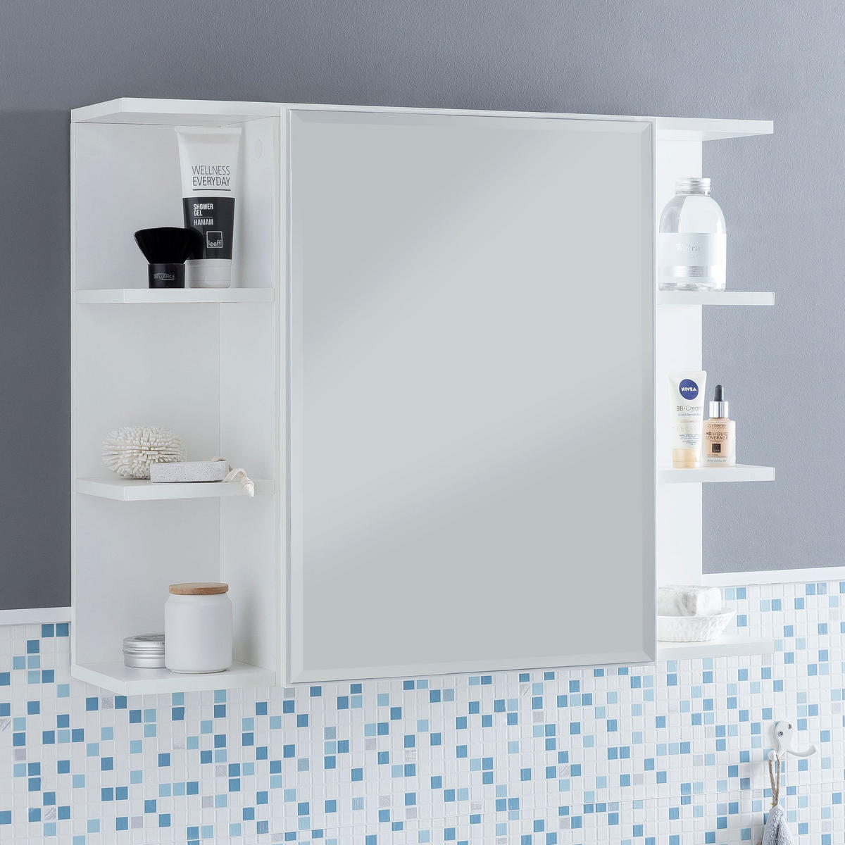 HÄNGESCHRANK Weiß aus Spanplatte mit Spiegel und seitlichen Ablagen 80x64,5x20 cm - Weiß, Holz (80/65/20cm) - KADIMA DESIGN