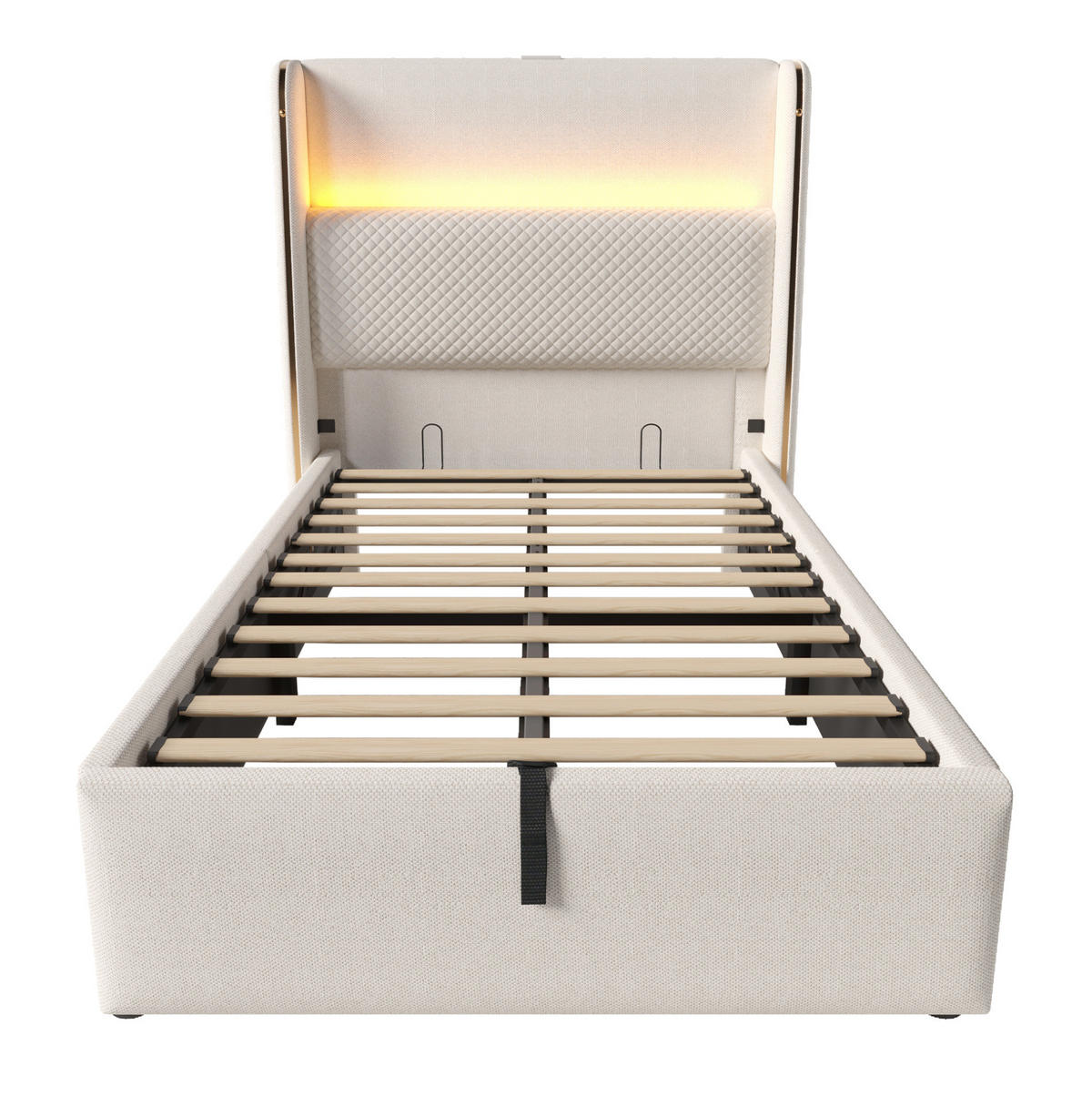 POLSTERBETT 90/200 cm mit Bettkasten, LED & USB/Type-C, inkl. Matratze - Beige, Textil (90/200cm) - BEAOK