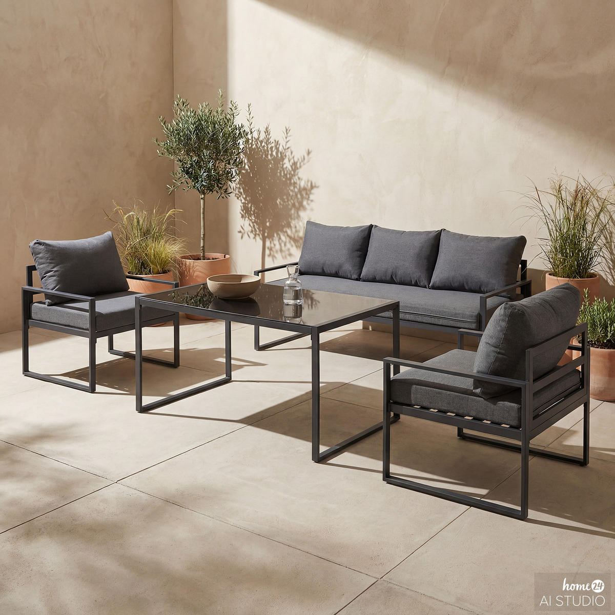 GARTENSITZGRUPPE - 4-teilig - Stahl / Polyester - Schwarz / Grau - Schwarz/Grau, Glas/Textil - home24