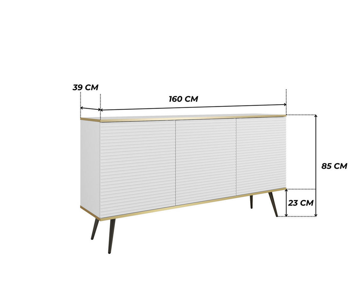 KOMMODE FORNO (Weiß, Rillenfront, Goldene Details, 3 Türen, schwarze Metallfüße, 160 cm) - Schwarz/Weiß, Holz/Holzwerkstoff (160/85/39cm) - Ravio