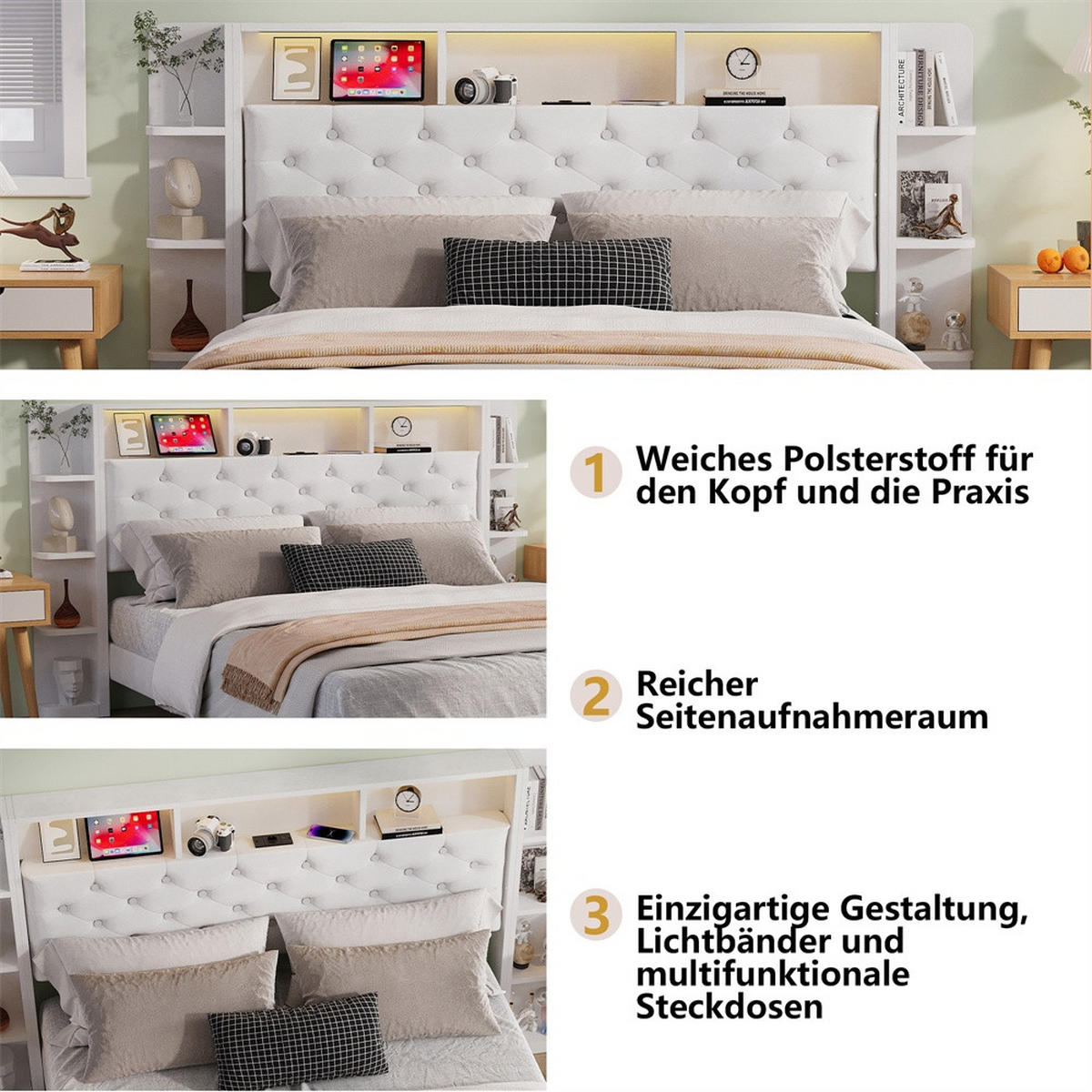 POLSTERBETT 140 x 200 cm mit USB-Anschluss & Steckdose - offene Regalfächer mit LED-Beleuchtung und Schubladen - Weiß - Weiß, Textil (140/200cm) - DELFA
