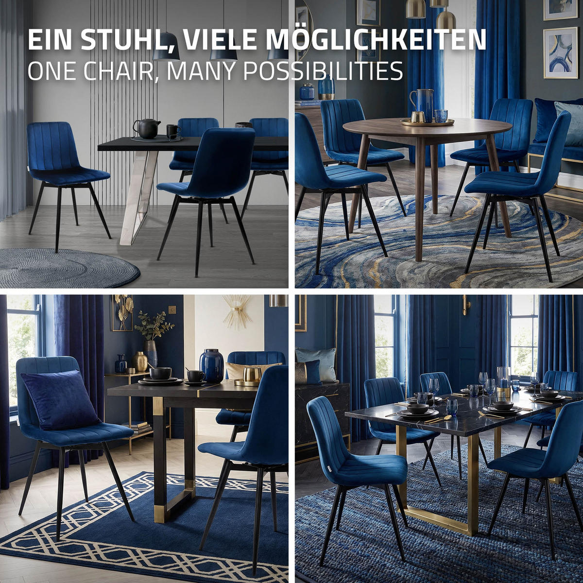 ESSZIMMERSTÜHLE 2er Set drehbar Küchenstühle gepolstert aus Samt Dunkelblau - Schwarz/Dunkelblau, Textil/Metall (43/81/52cm) - ML-DESIGN
