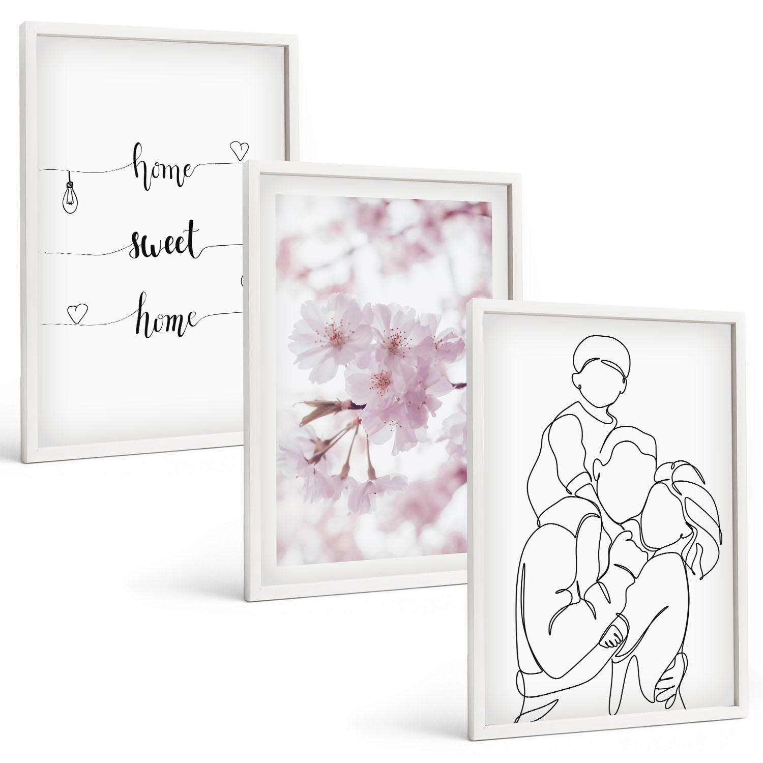 BILDER SET 3er Set - 40x60 cm Weißer Rahmen - Blumenfamilie minimalistisch - Weiß, Kunststoff (40/60cm) - TULUP