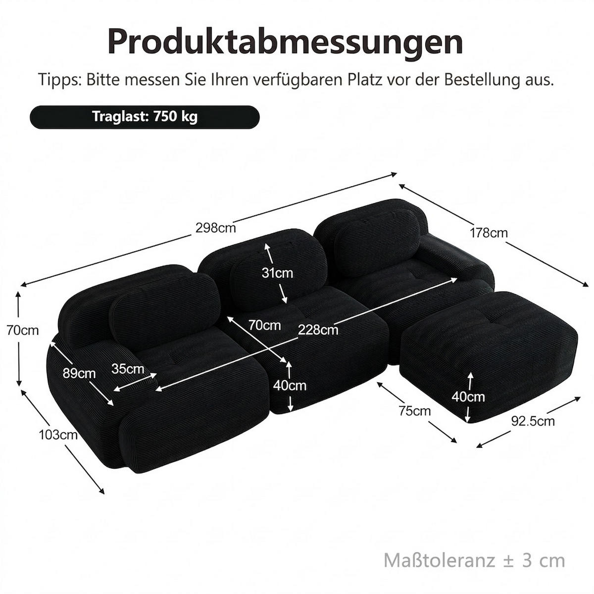 ECKSOFA 298/178/70 cm Schwarz Cord mit extra-breiten Armlehnen - Schwarz, Textil/Metall (298/178cm) - Oxeza