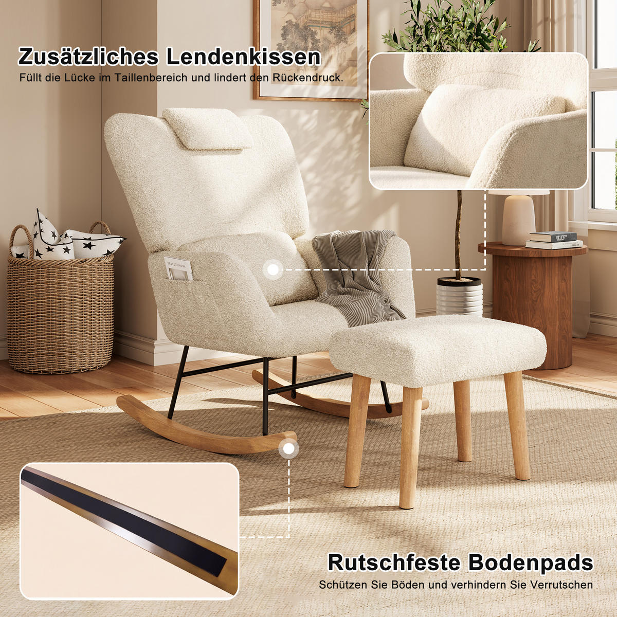 SCHAUKELSTUHL mit Hocker, Beige ,Lendenkissen, Kopfstütze, Seitentaschen und Massivholzsockel, Lammwolle Stoff-für Wohnzimmer, Schlafzimmer - Ecru, Holz/Metall (75/42/93cm) - BursDany