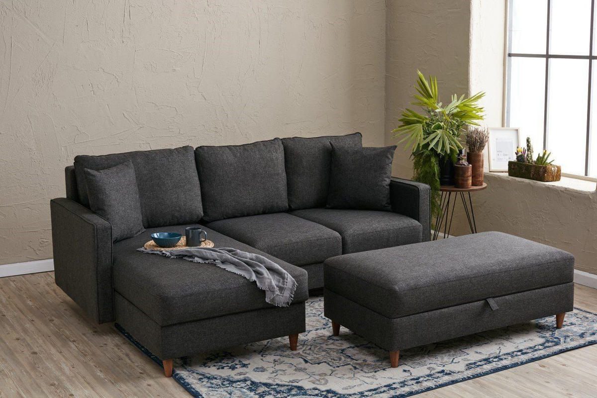 ECKSOFA mit Hocker, Schlaffläche - Anthrazit/Walnussfarben, Holz/Kunststoff (210/155cm) - myHomelando