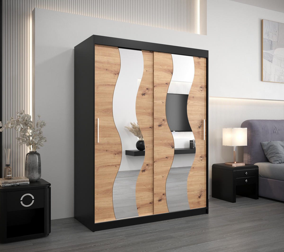 SCHWEBETÜRENSCHRANK 200/150/62 2-türig - Silberfarben/Schwarz, Holz/Kunststoff (150/200/62cm) - Abiks Möbel