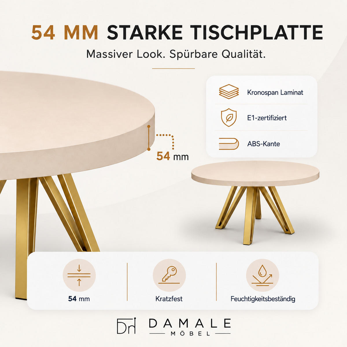 ESSTISCH rund ausziehbar 110/210/76 cm, Kaschmir, 54 cm Tischplatte + Industrial Metallgestell Gold - Kaschmir/Goldfarben, Holzwerkstoff/Metall (110/210/76cm) - Damale Möbel