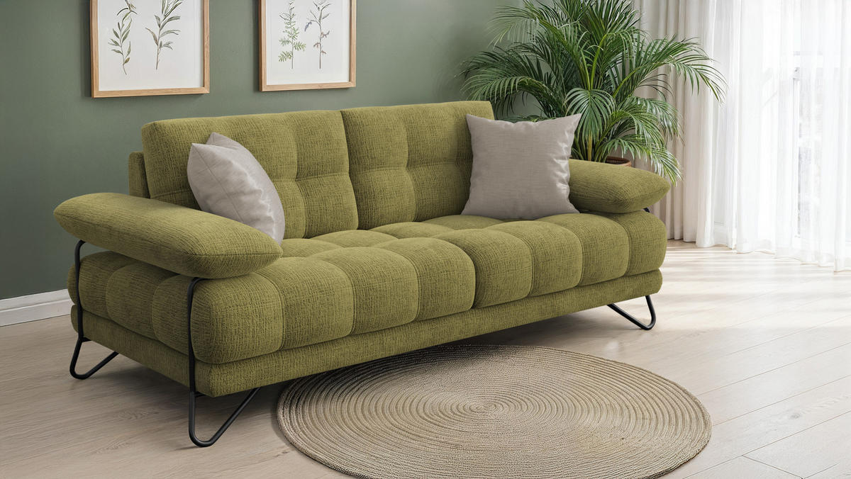 SOFA BUBBARA 2,5-Sitzer, olivgrün - Schwarz/Olivgrün, Holz/Textil (215/87/96cm) - Courtois Laville