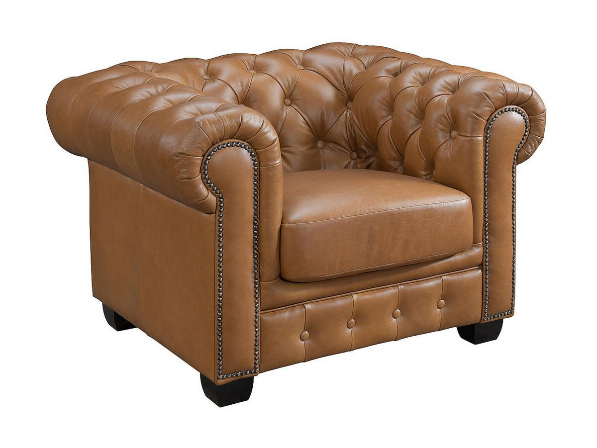CHESTERFIELD Garnitur 3+1 - Büffelleder - Karamellbraun - BRENTON - Braun, Leder (201/73/96cm) - Vente-Unique