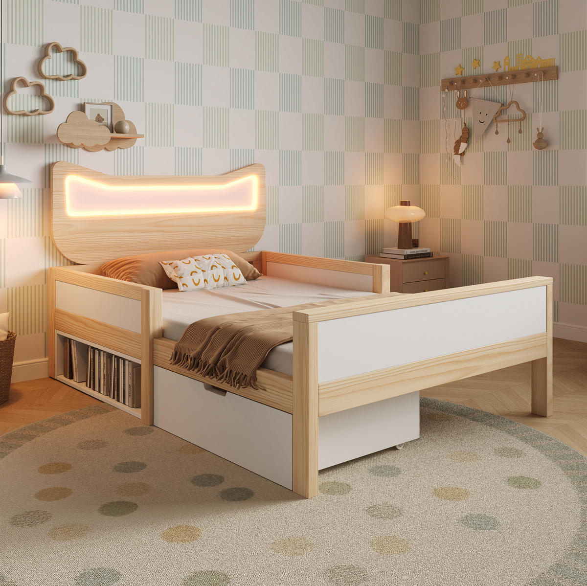 KINDERBETT 90/190 cm weiß/eiche aus Holz mit LED und Schublade - Eichefarben, Holzwerkstoff (90/190cm) - OKWISH