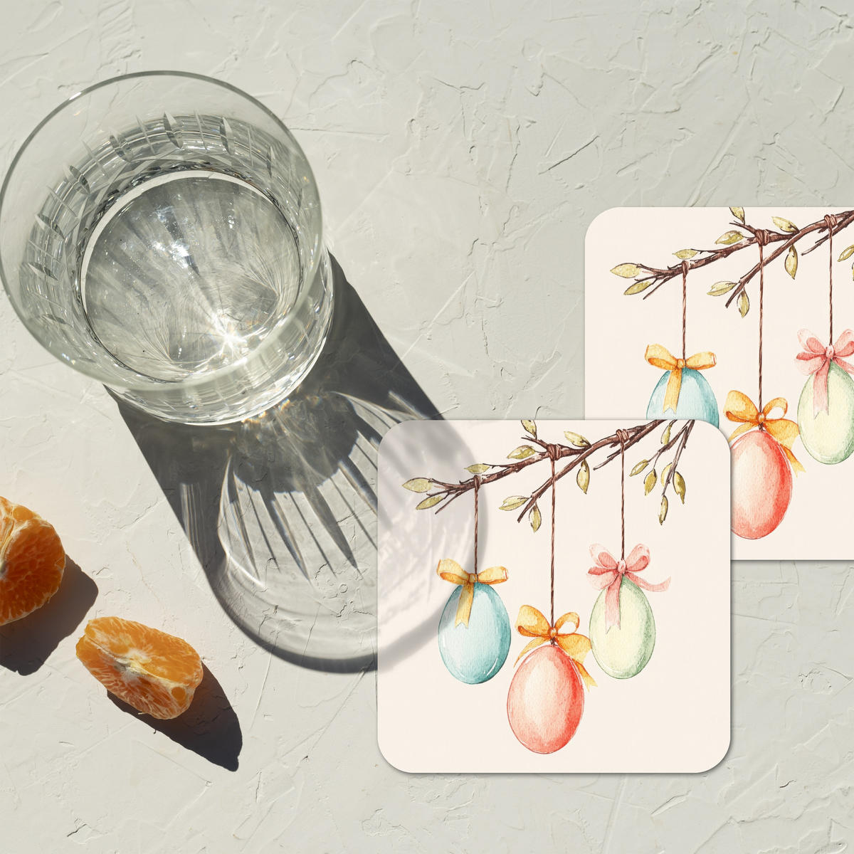 GLASUNTERSETZER 6er-Set Osterkuchen - Schleife - Eier 10x10 cm - Creme, Naturmaterialien (10/0.2cm) - MuchoWow