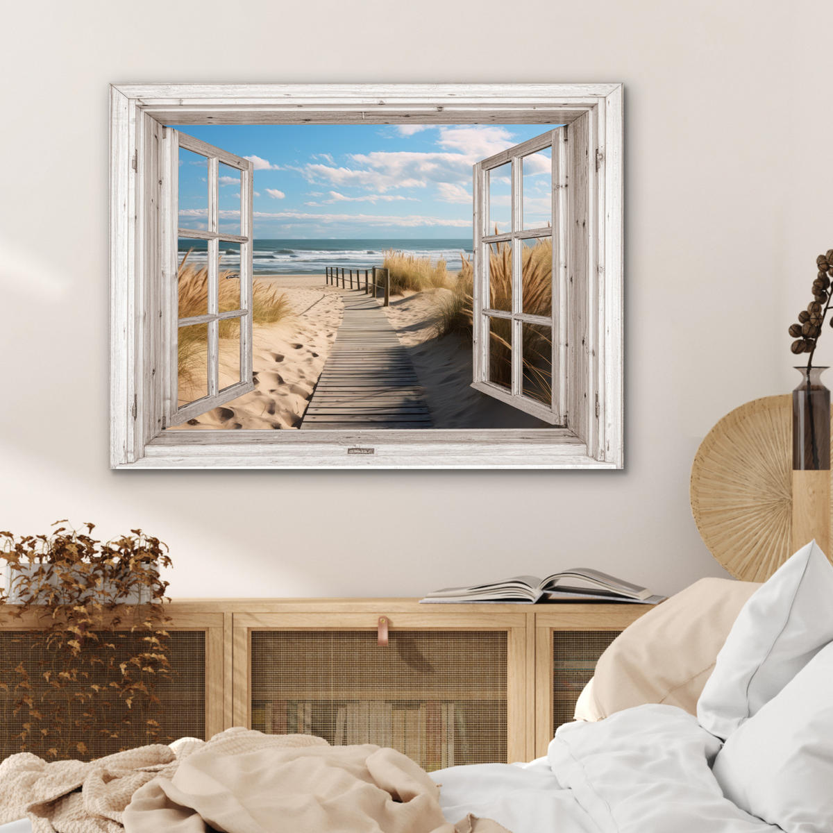 KOVOVÝ OBRAZ Okno - more - pobrežie - príroda - výhľad - pláž - Waddenské more 80x60 cm - béžová, kov (80/60cm) - MuchoWow